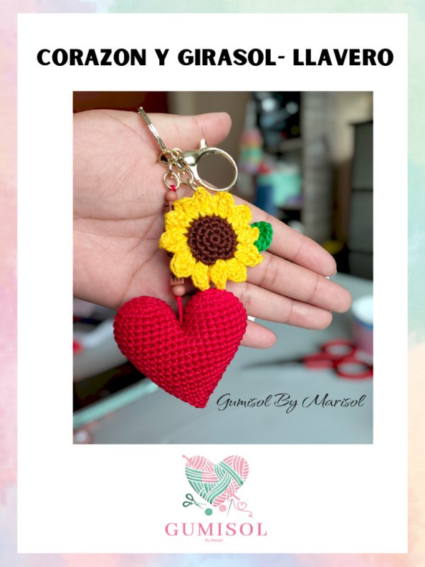LLAVERO GIRASOL CORAZON ROJO Y TIRA ROJA